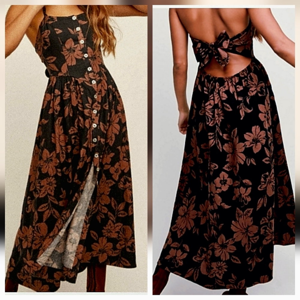 Free People The Perfect Sundress Brown Black Print Open Back Maxi Dress